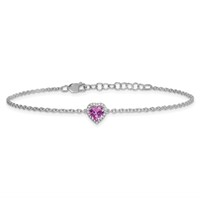 14K White Gold 0.05 Carat Lab Grown Diamond VS+ F+ and Natural Pink Sapphire Bracelet with Extension Complete Halo Heart Fashion Link, 1" view 3
