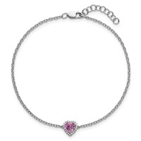 14K White Gold 0.05 Carat Lab Grown Diamond VS+ F+ and Natural Pink Sapphire Bracelet with Extension Complete Halo Heart Fashion Link, 1" view 4