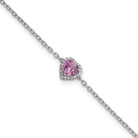 14K White Gold 0.05 Carat Lab Grown Diamond VS+ F+ and Natural Pink Sapphire Bracelet with Extension Complete Halo Heart Fashion Link, 1" view 1