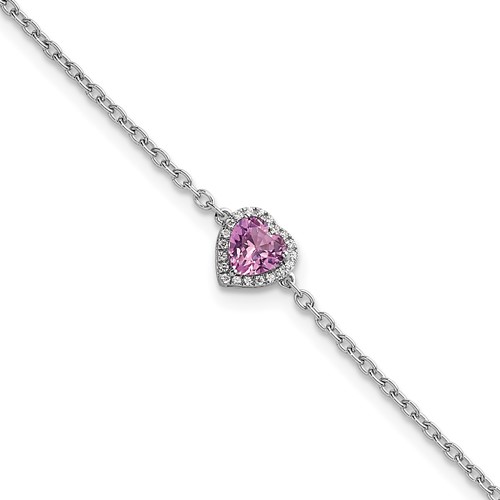 14K White Gold 0.05 Carat Lab Grown Diamond VS+ F+ and Natural Pink Sapphire Bracelet with Extension Complete Halo Heart Fashion Link, 1"