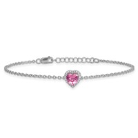 14K White Gold 0.07 Carat Lab Grown Diamond VS+ F+ and Natural Pink Sapphire Bracelet with Extension Complete Halo Heart Fashion Link, 1" view 3