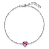 14K White Gold 0.07 Carat Lab Grown Diamond VS+ F+ and Natural Pink Sapphire Bracelet with Extension Complete Halo Heart Fashion Link, 1" view 4