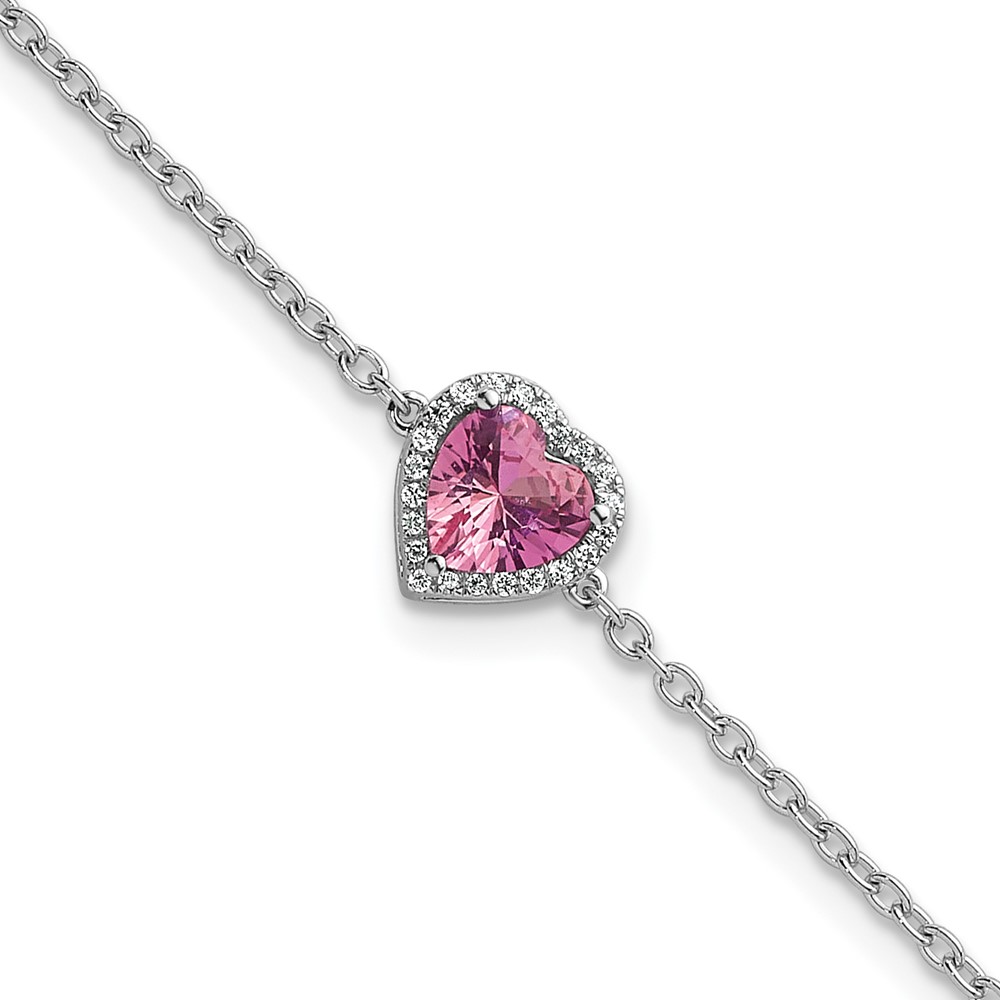 14K White Gold 0.07 Carat Lab Grown Diamond VS+ F+ and Natural Pink Sapphire Bracelet with Extension Complete Halo Heart Fashion Link, 1"