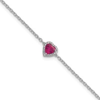 14K White Gold 0.05 Carat Lab Grown Diamond VS+ F+ and Natural Ruby Bracelet with Extension Complete Halo Heart Fashion Link, 1" view 1