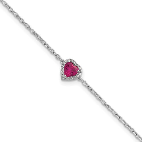14K White Gold 0.05 Carat Lab Grown Diamond VS+ F+ and Natural Ruby Bracelet with Extension Complete Halo Heart Fashion Link, 1"