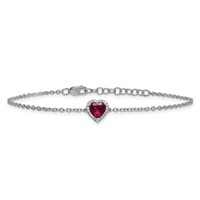 14K White Gold 0.07 Carat Lab Grown Diamond VS+ F+ and Natural Ruby Bracelet with Extension Complete Halo Heart Fashion Link, 1" view 3