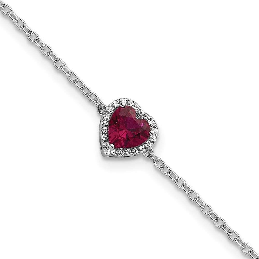 14K White Gold 0.07 Carat Lab Grown Diamond VS+ F+ and Natural Ruby Bracelet with Extension Complete Halo Heart Fashion Link, 1"