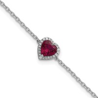 14K White Gold 0.07 Carat Lab Grown Diamond VS+ F+ and Natural Ruby Bracelet with Extension Complete Halo Heart Fashion Link, 1" view 1