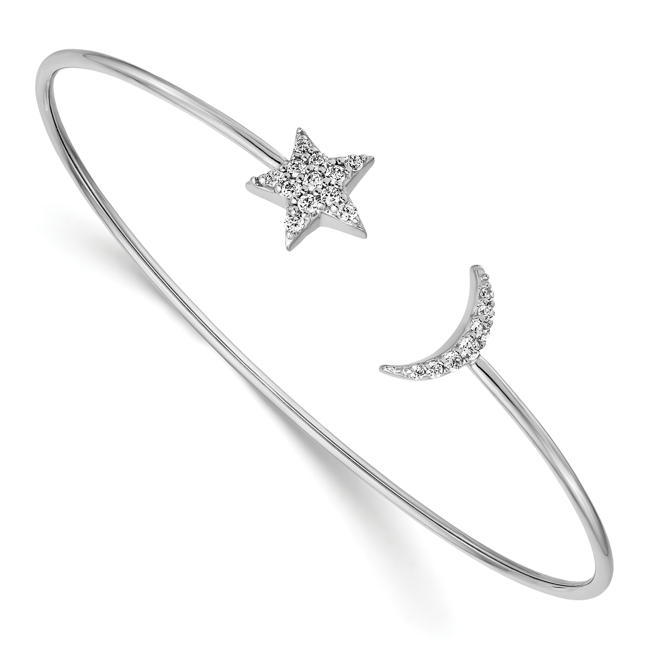 14k White Gold Complete 1/4 carat Diamond Moon and Star Flexible Cuff Bangle Bracelet (BM3713-025-WA)