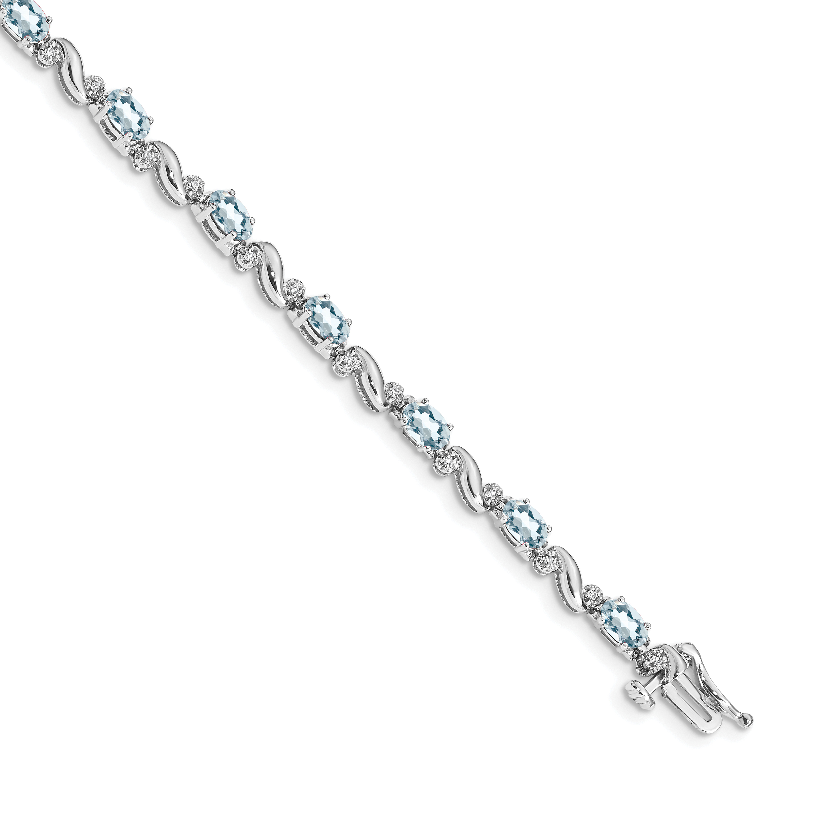14k White Gold Complete Diamond and Oval Aquamarine Curved Link 7 inch Bracelet (BM4487-AQ-010-WA)
