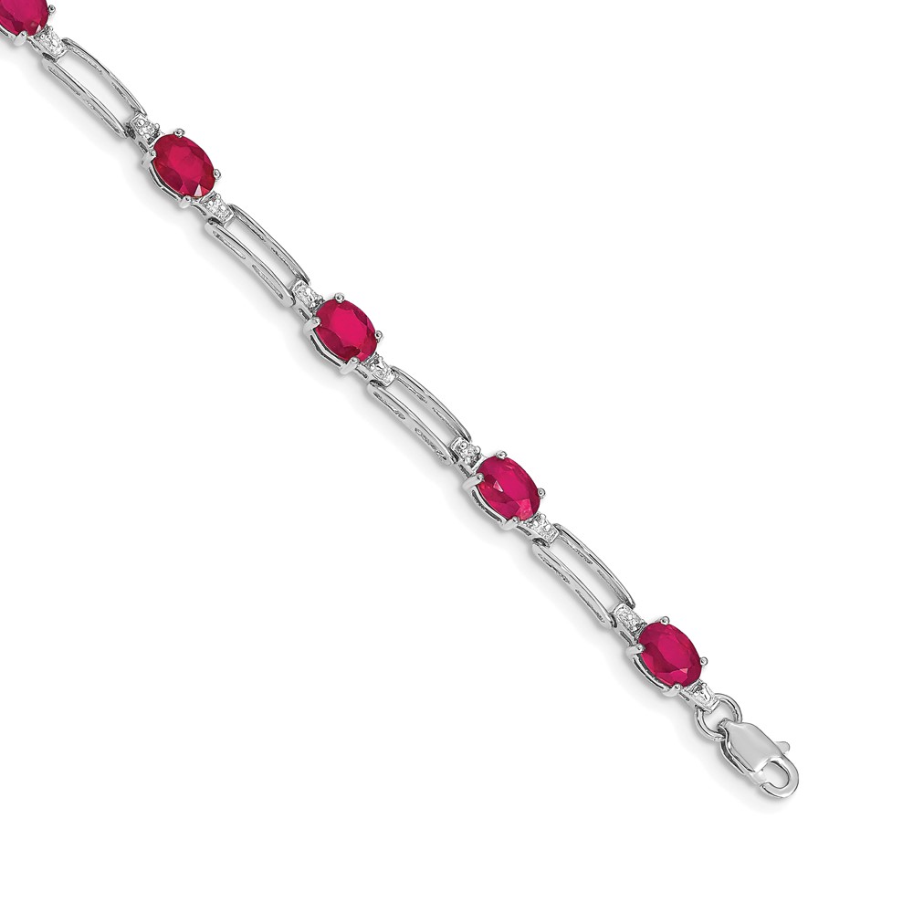 14k White Gold Complete Diamond and Oval Ruby Paperclip Link 7.25 inch Bracelet (BM4489-RU-005-WA)