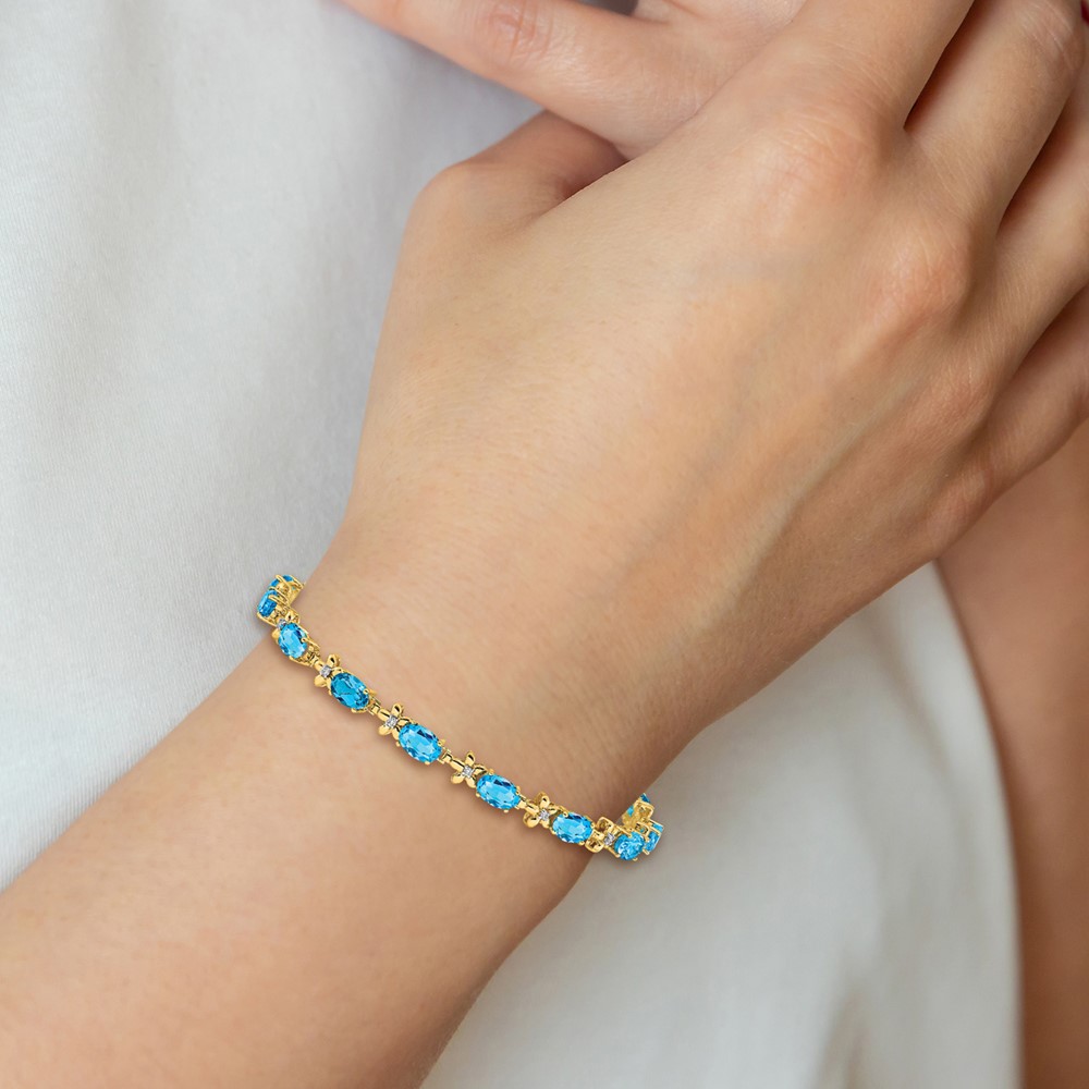 14k Complete Diamond and Oval Swiss Blue Topaz Floral 7 inch Bracelet (BM4495-BT-010-YA)