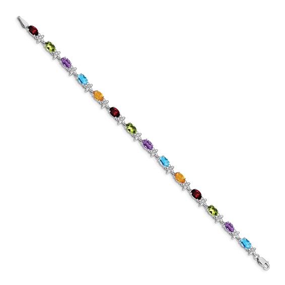 14k White Gold Complete Diamond and Oval Garnet/Swiss Blue Topaz/Citrine/Amethyst/Peridot Floral 7 inch Rainbow Bracelet