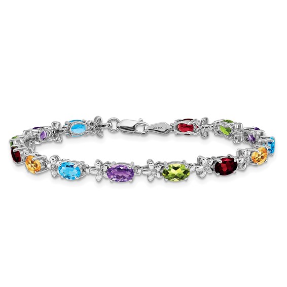 14k White Gold Complete Diamond and Oval Garnet/Swiss Blue Topaz/Citrine/Amethyst/Peridot Floral 7 inch Rainbow Bracelet