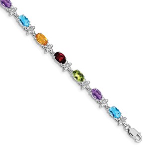 14k White Gold Complete Diamond and Oval Garnet/Swiss Blue Topaz/Citrine/Amethyst/Peridot Floral 7 inch Rainbow Bracelet