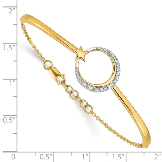 14k Polished Moon and Star Complete 1/8 carat Diamond Half-Bangle 7 inch Bracelet with 0.5 inch Extender