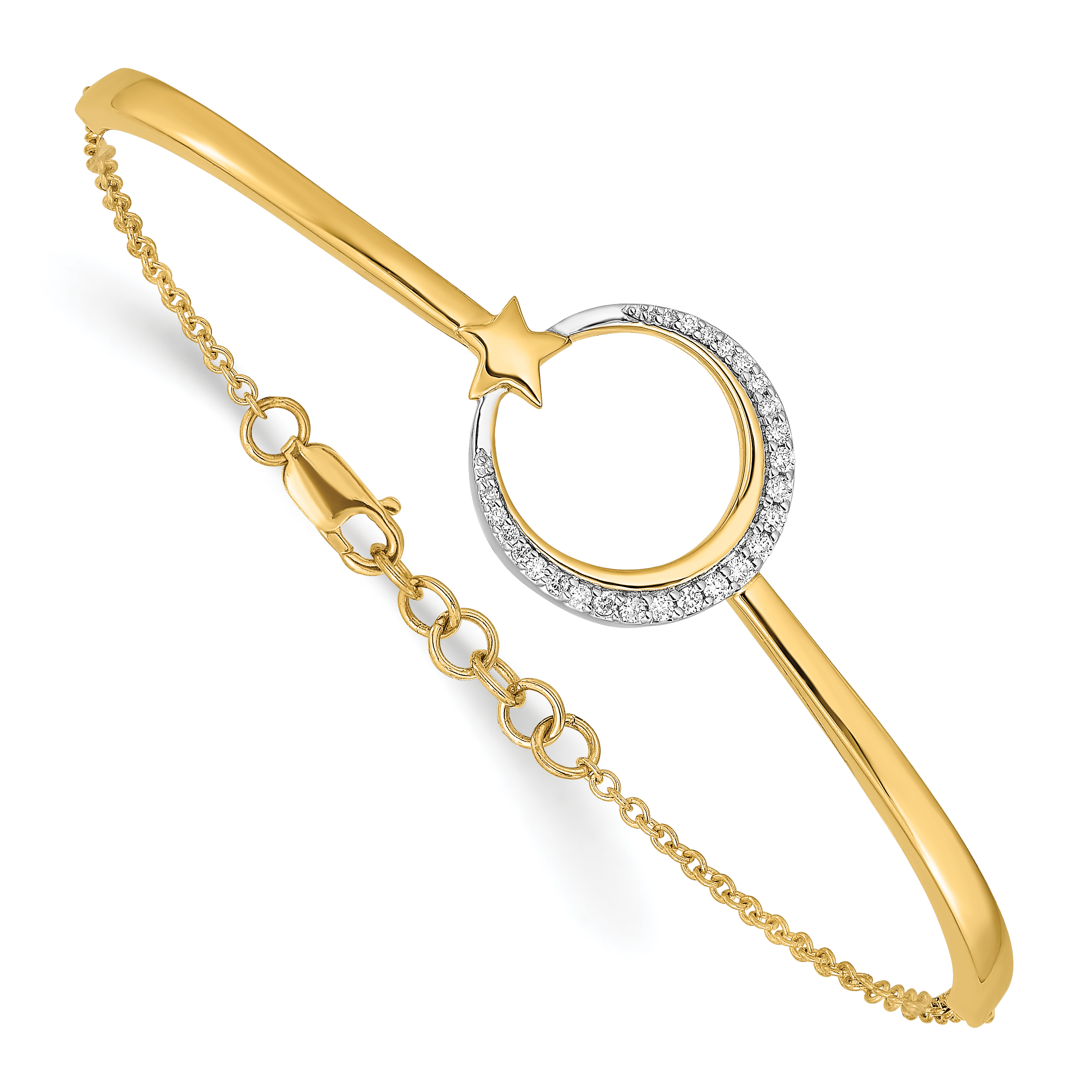 14k Polished Moon and Star Complete 1/8 carat Diamond Half-Bangle 7 inch Bracelet with 0.5 inch Extender (BM6789-013-YA)