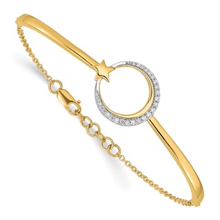 14k Polished Moon and Star Complete 1/8 carat Diamond Half-Bangle 7 inch Bracelet with 0.5 inch Extender