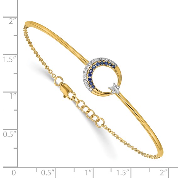 14k Moon and Star Complete 1/8 carat Diamond and Sapphire Half-Bangle 7 inch Bracelet with 0.5 inch Extender