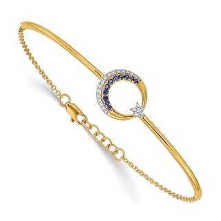 14k Moon and Star Complete 1/8 carat Diamond and Sapphire Half-Bangle 7 inch Bracelet with 0.5 inch Extender