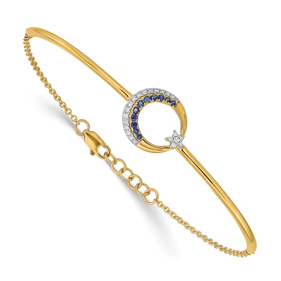 14k Moon and Star Complete 1/8 carat Diamond and Sapphire Half-Bangle 7 inch Bracelet with 0.5 inch Extender