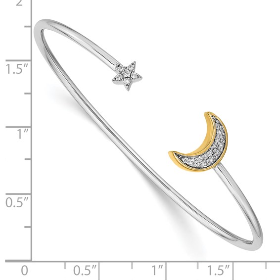 14k Two-tone Complete 1/6 carat Diamond Moon and Star Cuff Bangle Bracelet