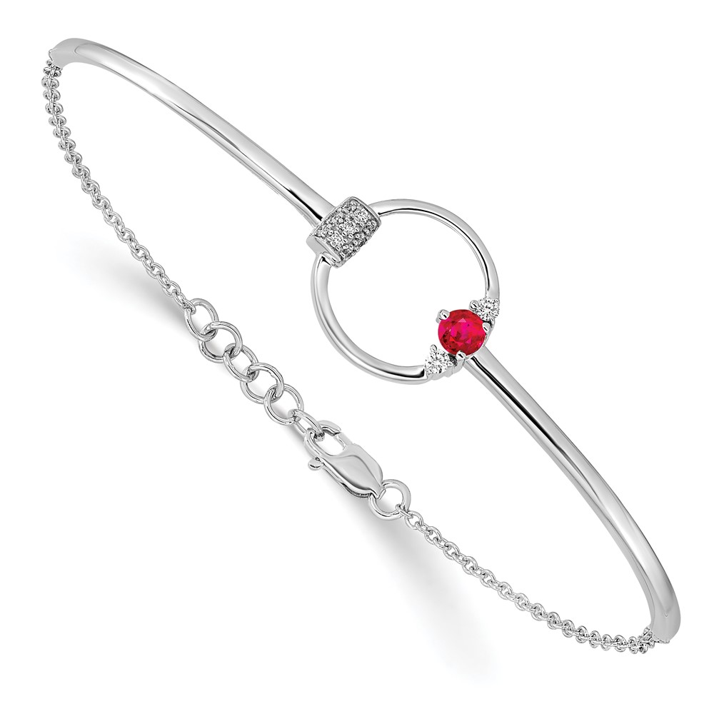 14k White Gold Polished Complete 1/10 carat Diamond and Ruby Circle Half-Bangle 7 inch Bracelet with 0.5 inch Extender (BM6886-RU-009-WA)
