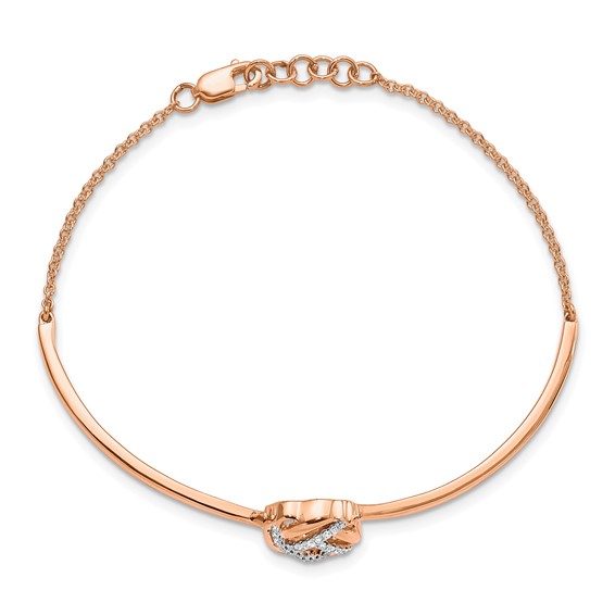 14k Rose Gold Polished Complete 1/8 carat Diamond Love Knot Half-Bangle 7 inch Bracelet with 0.5 inch Extender
