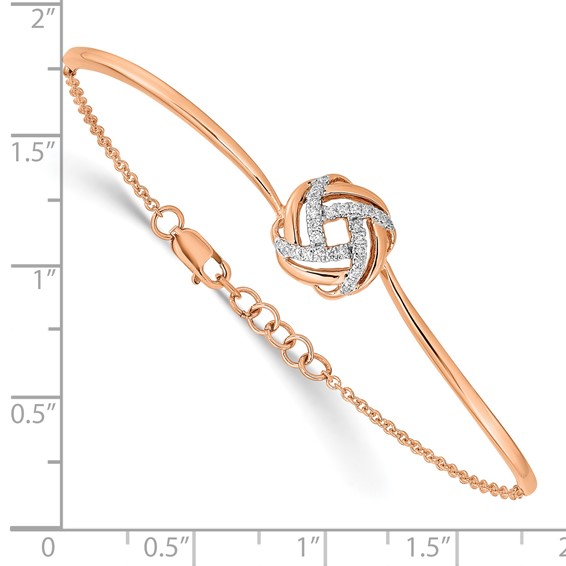 14k Rose Gold Polished Complete 1/8 carat Diamond Love Knot Half-Bangle 7 inch Bracelet with 0.5 inch Extender