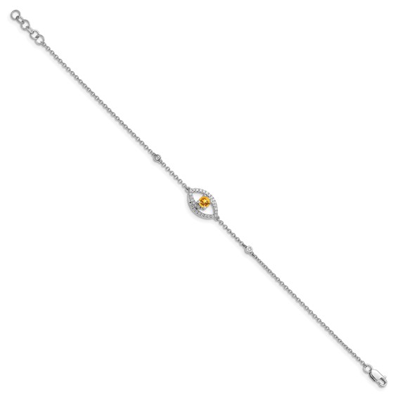 14k White Gold Polished Complete Diamond and Round Citrine 7 inch Eye Bracelet with 0.5 inch Extender