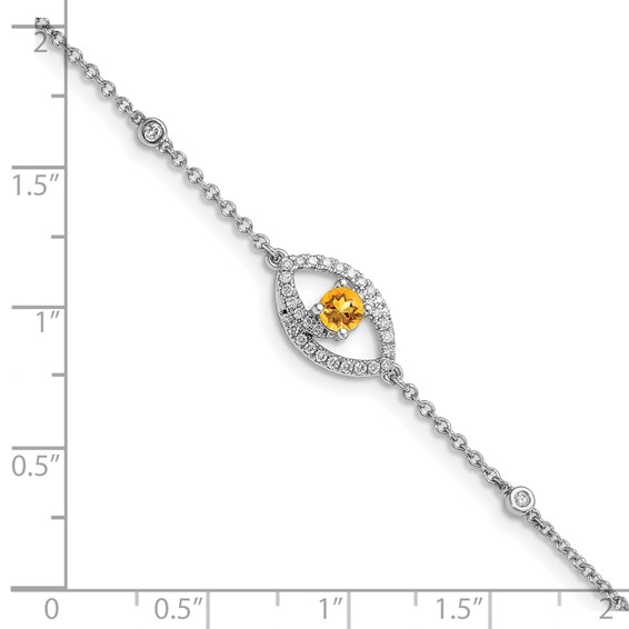 14k White Gold Polished Complete Diamond and Round Citrine 7 inch Eye Bracelet with 0.5 inch Extender