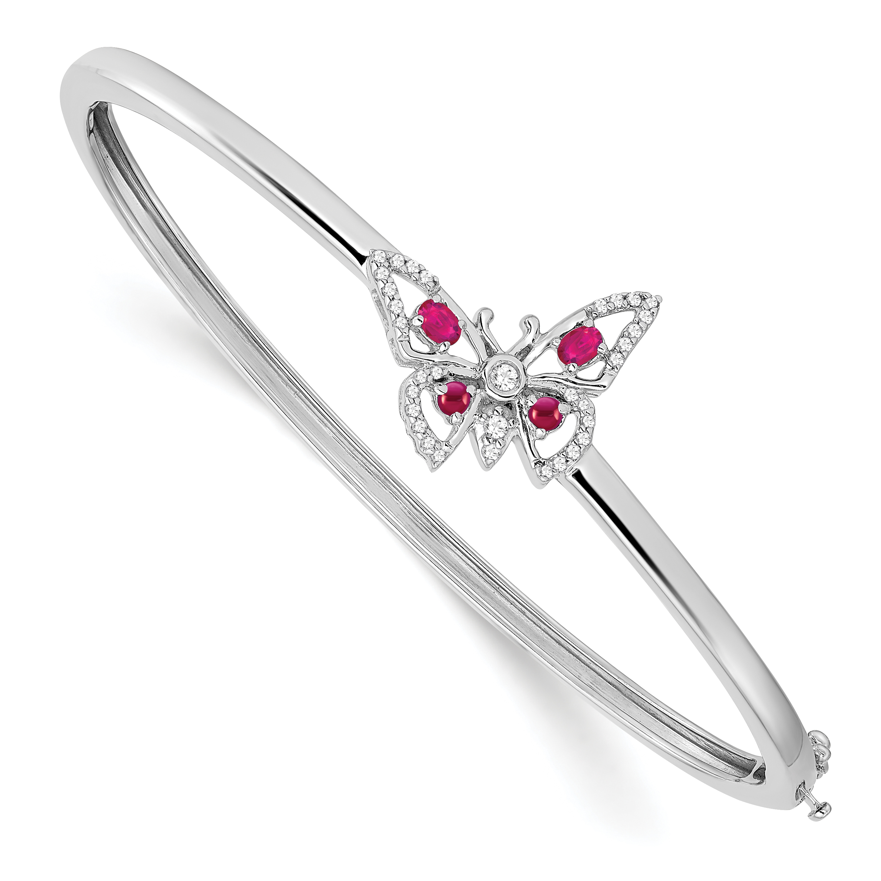 14k White Gold Complete Ruby and 1/6 carat Diamond Butterfly Hinged Bangle Bracelet (BM7257-RU-017-WA)