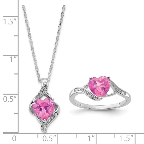 Sterling Silver Diamond & Created Pink Sapphire Heart Ring & Necklace Set