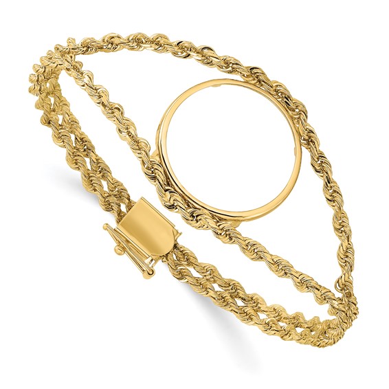 Wideband Distinguished Coin Jewelry 14k Polished Double Rope 21.6mm Prong Coin Bezel Bracelet