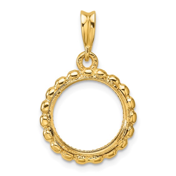 Wideband Distinguished Coin Jewelry 14k Polished and Diamond-cut with Beaded Edge 13.0mm Prong Coin Bezel Pendant