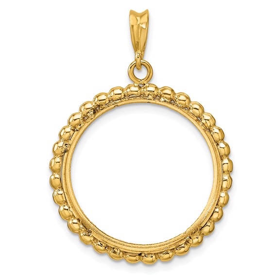 Wideband Distinguished Coin Jewelry 14k Polished and Diamond-cut with Beaded Edge 21.6mm Prong Coin Bezel Pendant