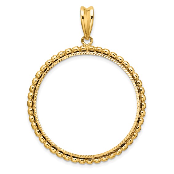 Wideband Distinguished Coin Jewelry 14k Polished and Diamond-cut with Beaded Edge 32.7mm Prong Coin Bezel Pendant