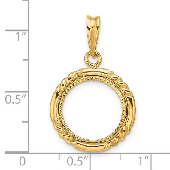 Wideband Distinguished Coin Jewelry 14k Polished Quadruple Twist and Diamond-cut 13.0mm Prong Coin Bezel Pendant