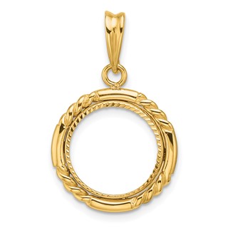 Wideband Distinguished Coin Jewelry 14k Polished Quadruple Twist and Diamond-cut 13.0mm Prong Coin Bezel Pendant