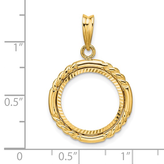 Wideband Distinguished Coin Jewelry 14k Polished Quadruple Twist and Diamond-cut 15.0mm Prong Coin Bezel Pendant