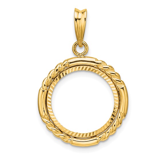 Wideband Distinguished Coin Jewelry 14k Polished Quadruple Twist and Diamond-cut 15.0mm Prong Coin Bezel Pendant