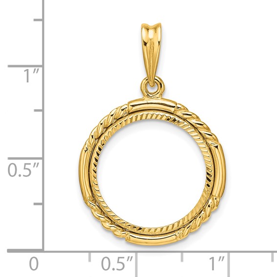 Wideband Distinguished Coin Jewelry 14k Polished Quadruple Twist and Diamond-cut 16.0mm Prong Coin Bezel Pendant