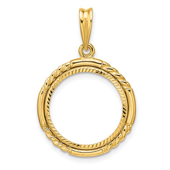 Wideband Distinguished Coin Jewelry 14k Polished Quadruple Twist and Diamond-cut 16.0mm Prong Coin Bezel Pendant
