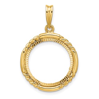 Wideband Distinguished Coin Jewelry 14k Polished Quadruple Twist and Diamond-cut 16.5mm Prong Coin Bezel Pendant