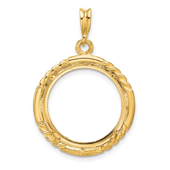 Wideband Distinguished Coin Jewelry 14k Polished Quadruple Twist and Diamond-cut 17.8mm Prong Coin Bezel Pendant