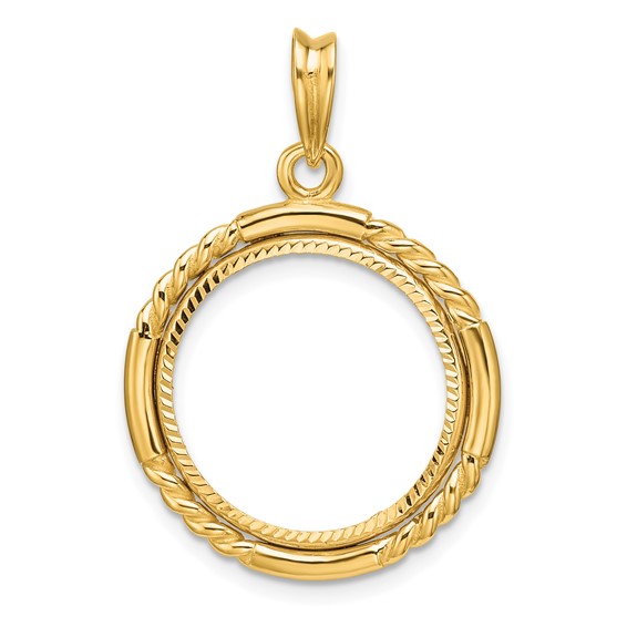 Wideband Distinguished Coin Jewelry 14k Polished Quadruple Twist and Diamond-cut 17.8mm Prong Coin Bezel Pendant