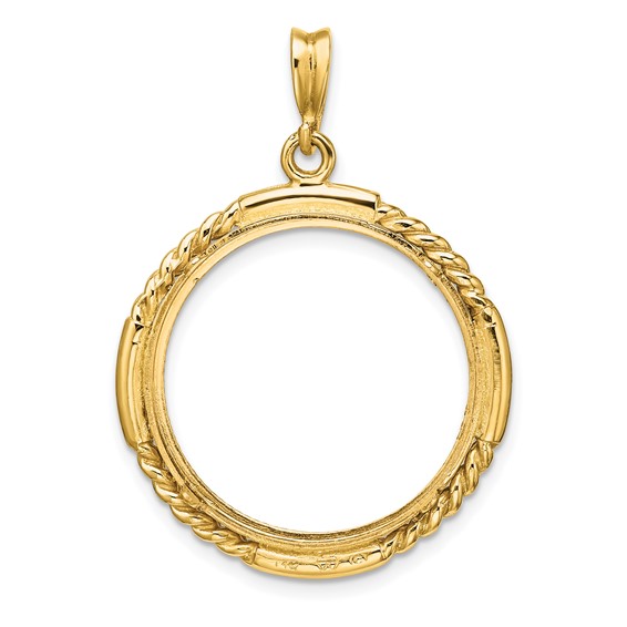 Wideband Distinguished Coin Jewelry 14k Polished Quadruple Twist and Diamond-cut 22.0mm Prong Coin Bezel Pendant