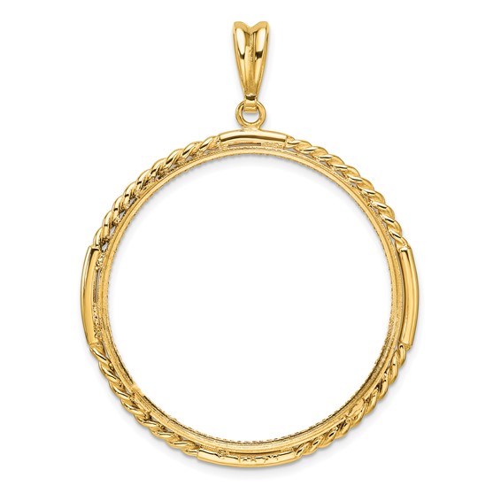 Wideband Distinguished Coin Jewelry 14k Polished Quadruple Twist and Diamond-cut 34.2mm Prong Coin Bezel Pendant