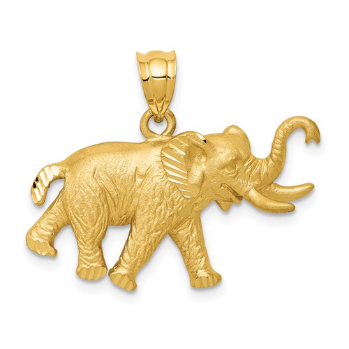 14K Yellow Gold Satin Diamond-cut Elephant Pendant