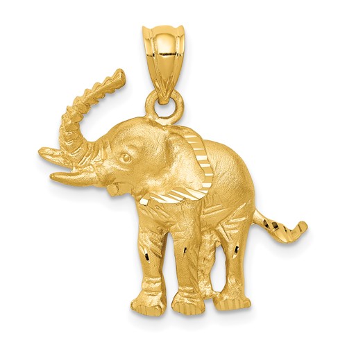 14K Yellow Gold Satin Diamond-cut Elephant Pendant